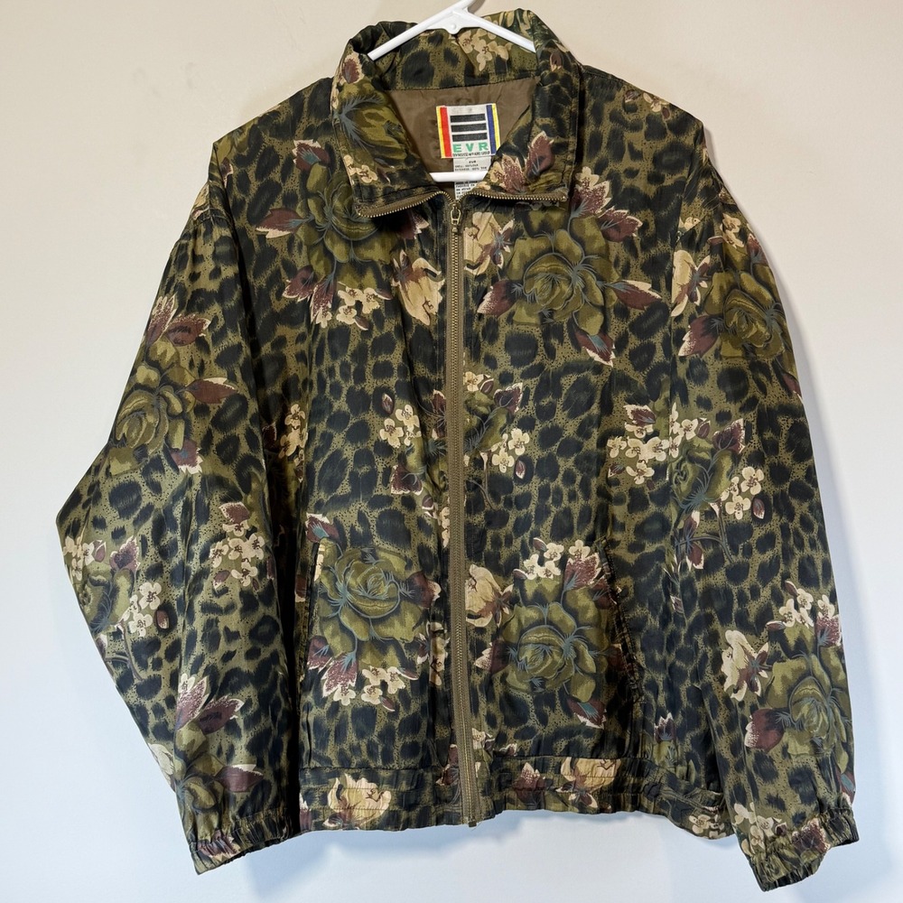 Vintage EVR Rousso %100 Silk Bomber Jacker Cheetah Floral Women's Medium‎ Zip Up